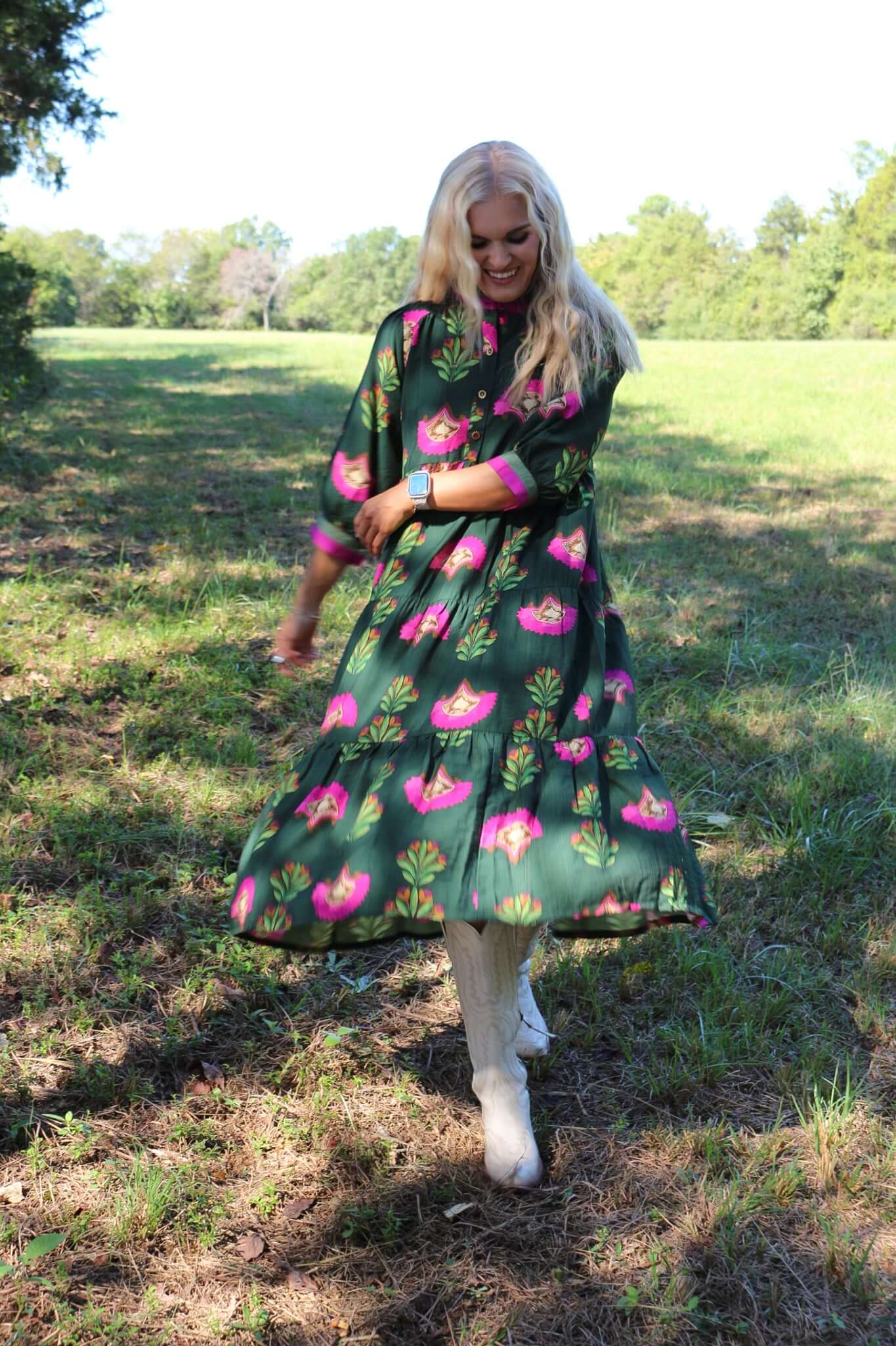 Endless Trail Forest Green Floral Midi Tiered Dress