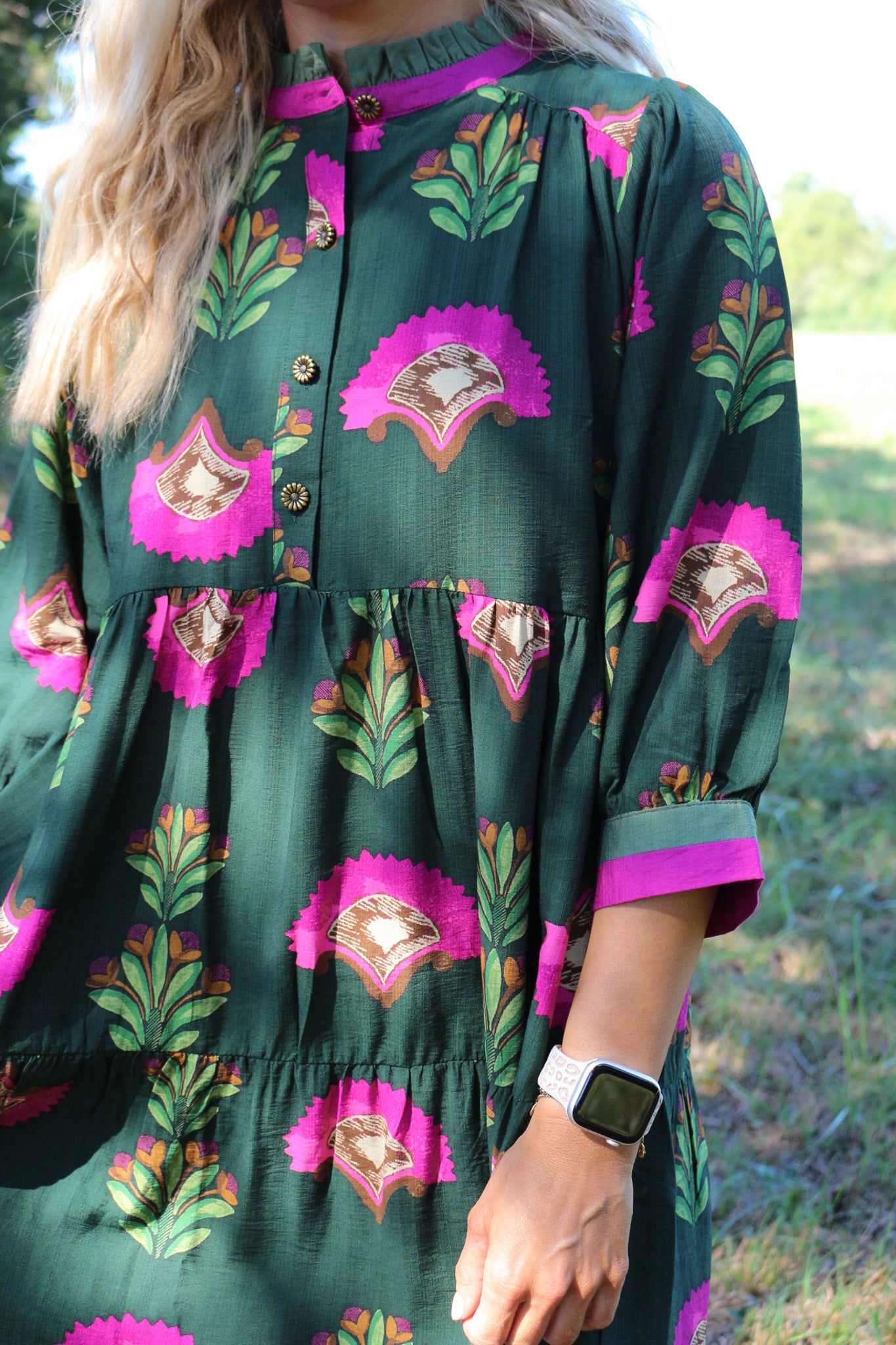 Endless Trail Forest Green Floral Midi Tiered Dress