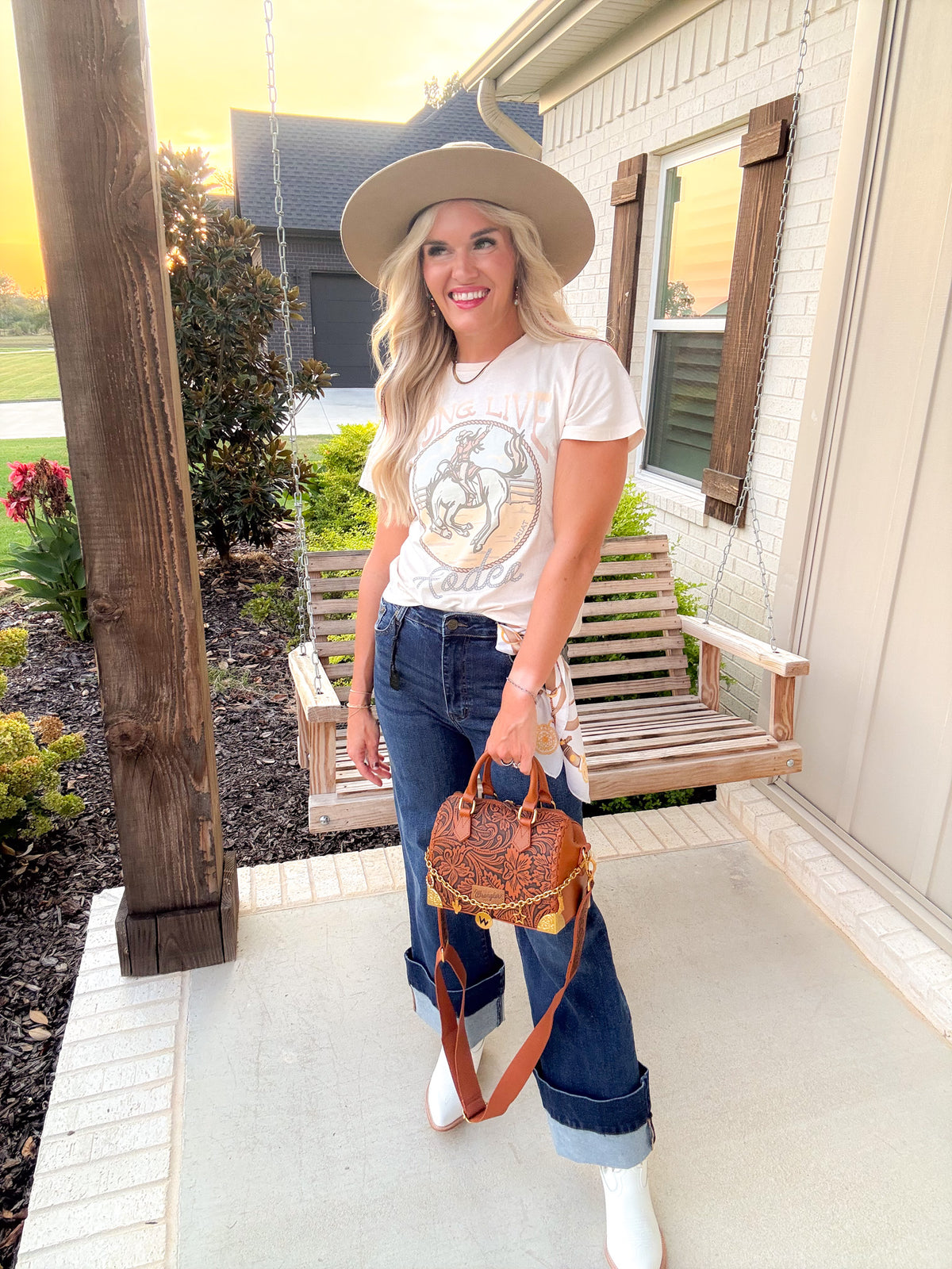 Wrangler Leather Tooled Floral Boston Crossbody Bag | Brown