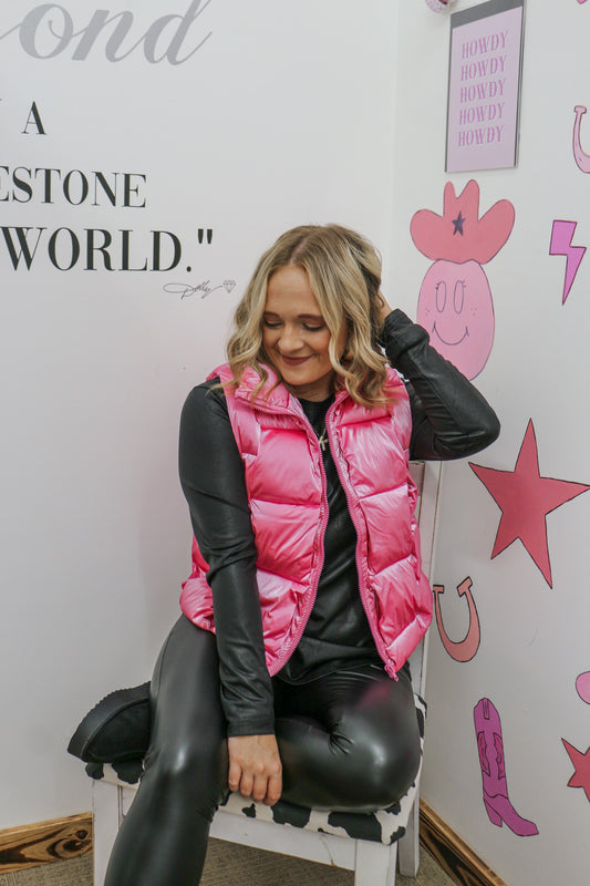 What A Doll Metallic Pink Puffer Vest