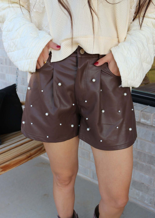 Got Your Attention Chocolate Brown Pearl Leather Shorts