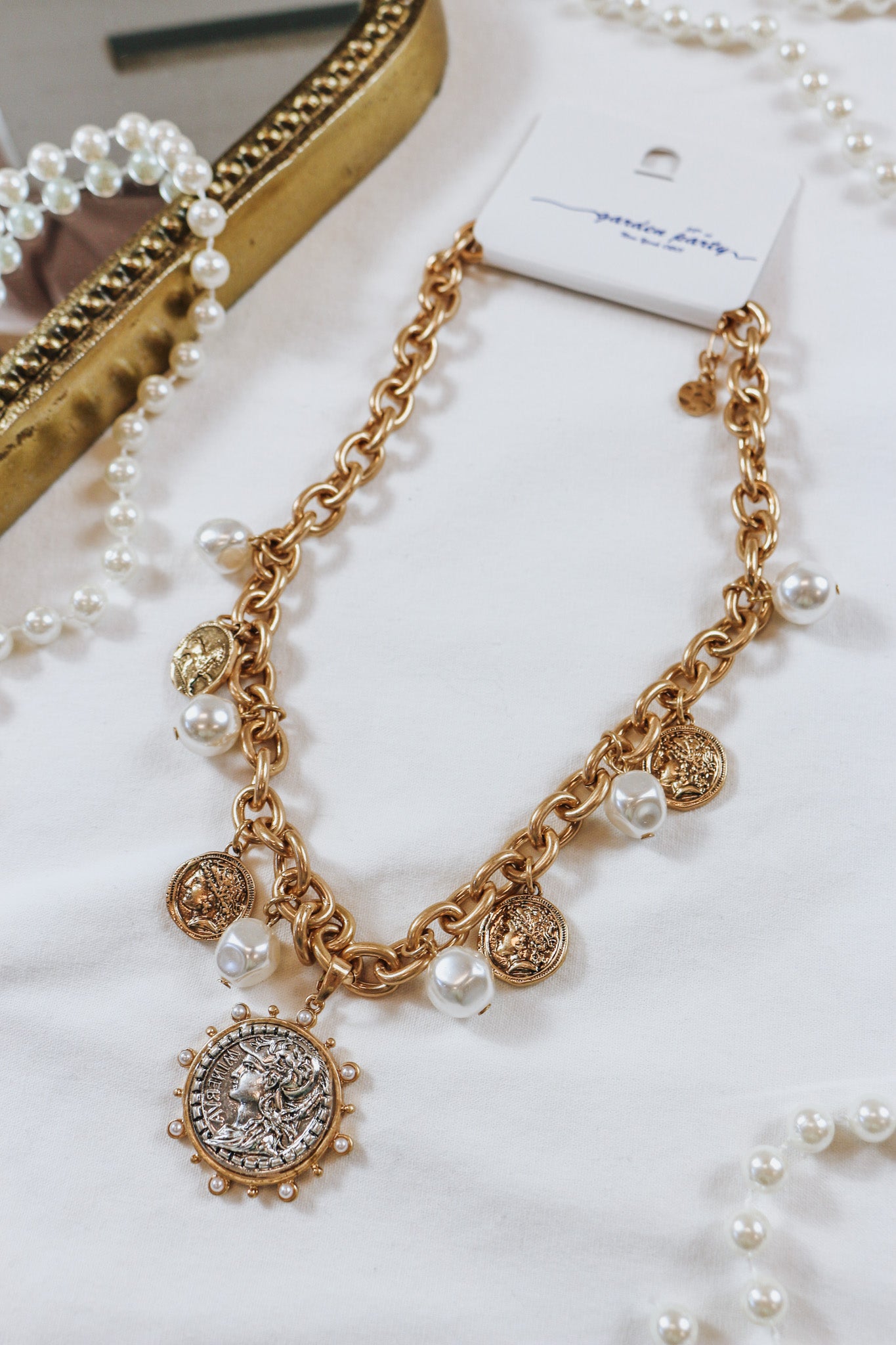 Chunky Gold Chain Pearl & Coin Charm Necklace