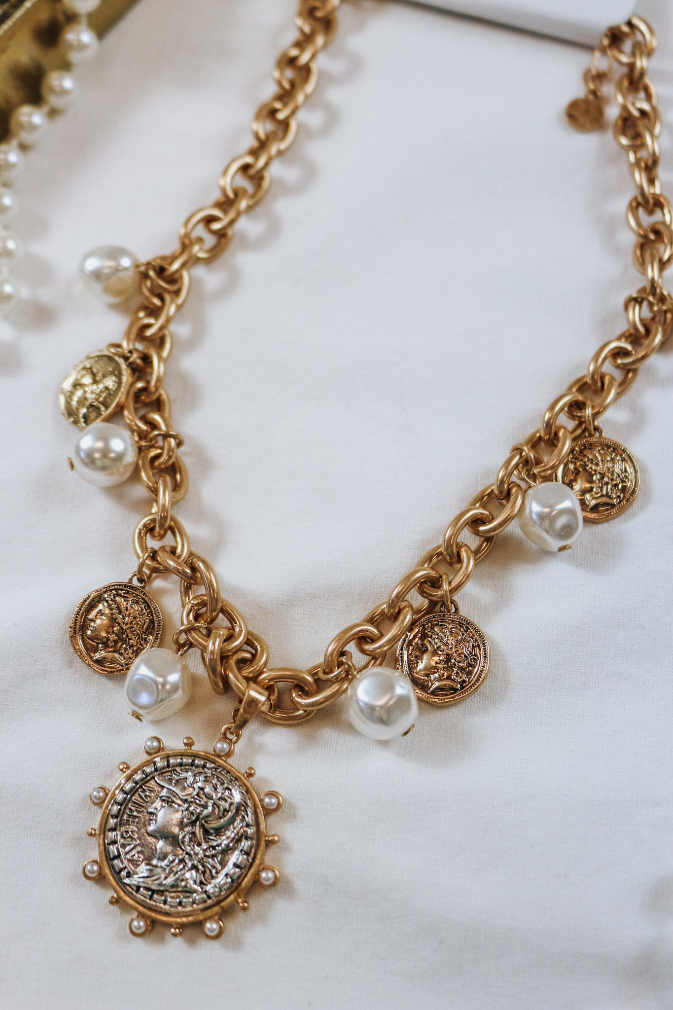 Chunky Gold Chain Pearl & Coin Charm Necklace