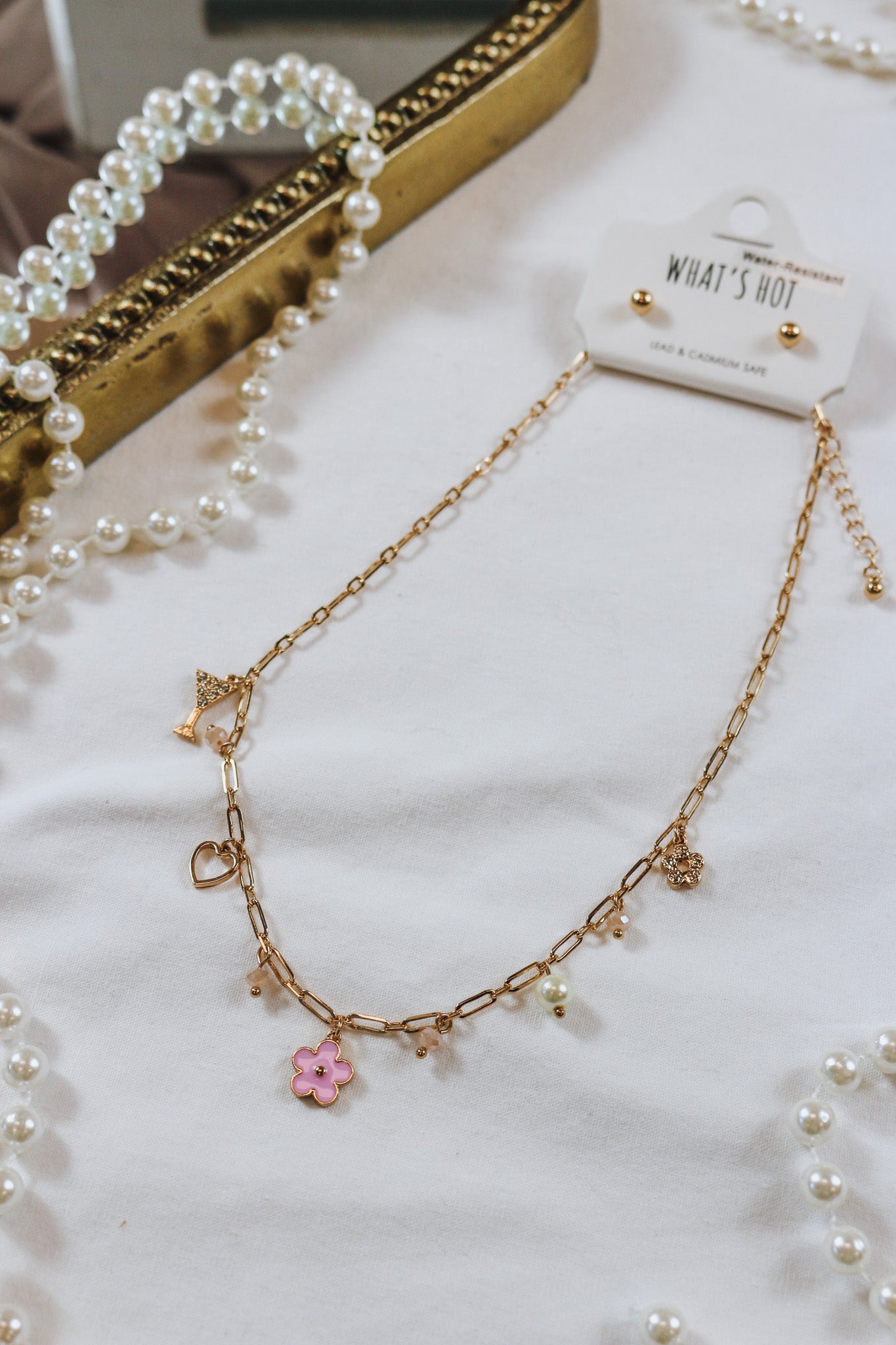 Water Resistant Gold Chain with Pink and Gold Flower Charms 16"-18" Necklace