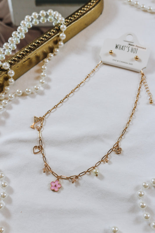 Water Resistant Gold Chain with Pink and Gold Flower Charms 16"-18" Necklace