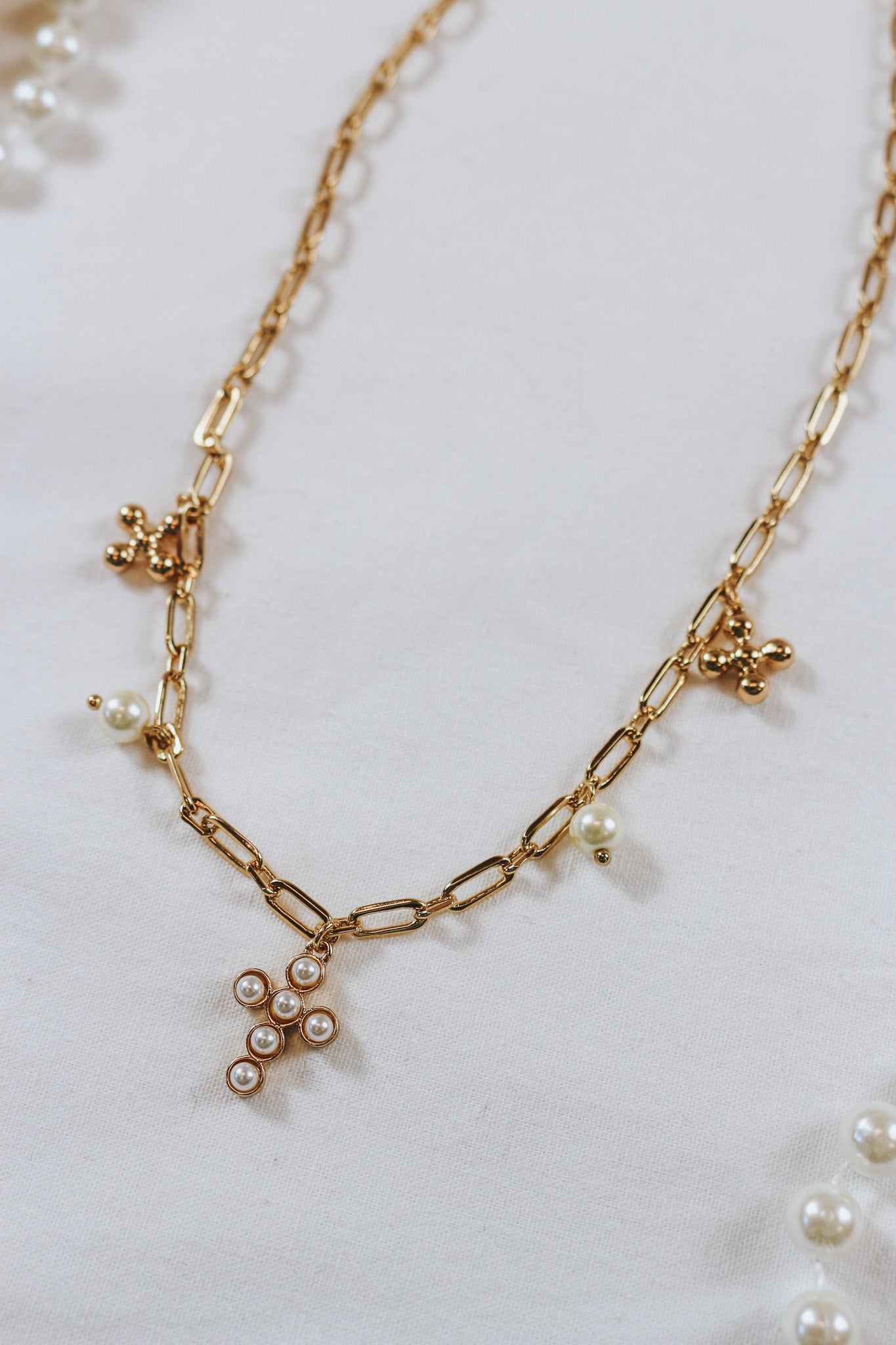 Water Resistant Gold Pearl Cross and Pearl Charm 16"-18" Necklace