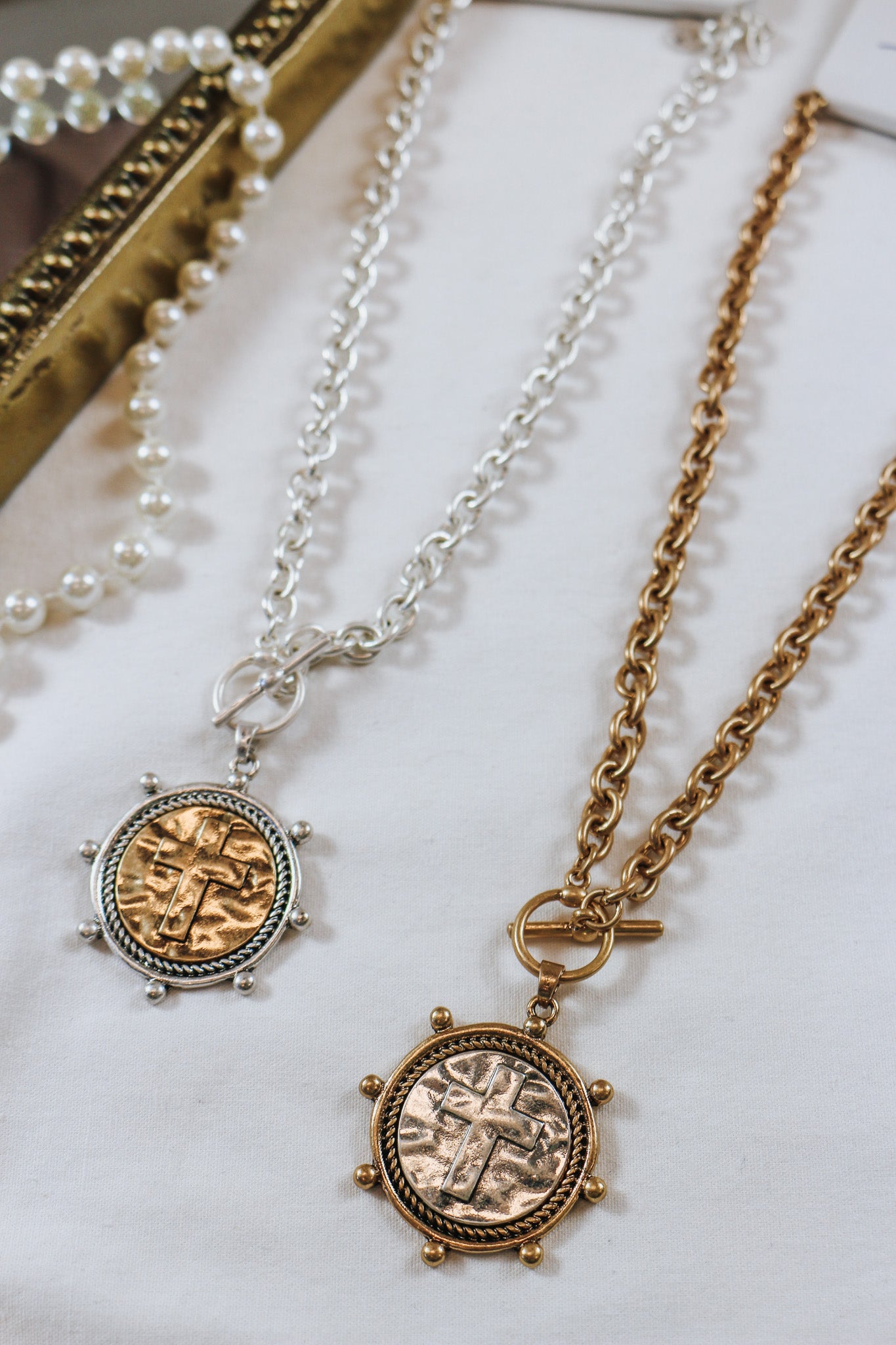 Chain Stamped Cross Coin Charm 16"-18" Necklace -2 Colors