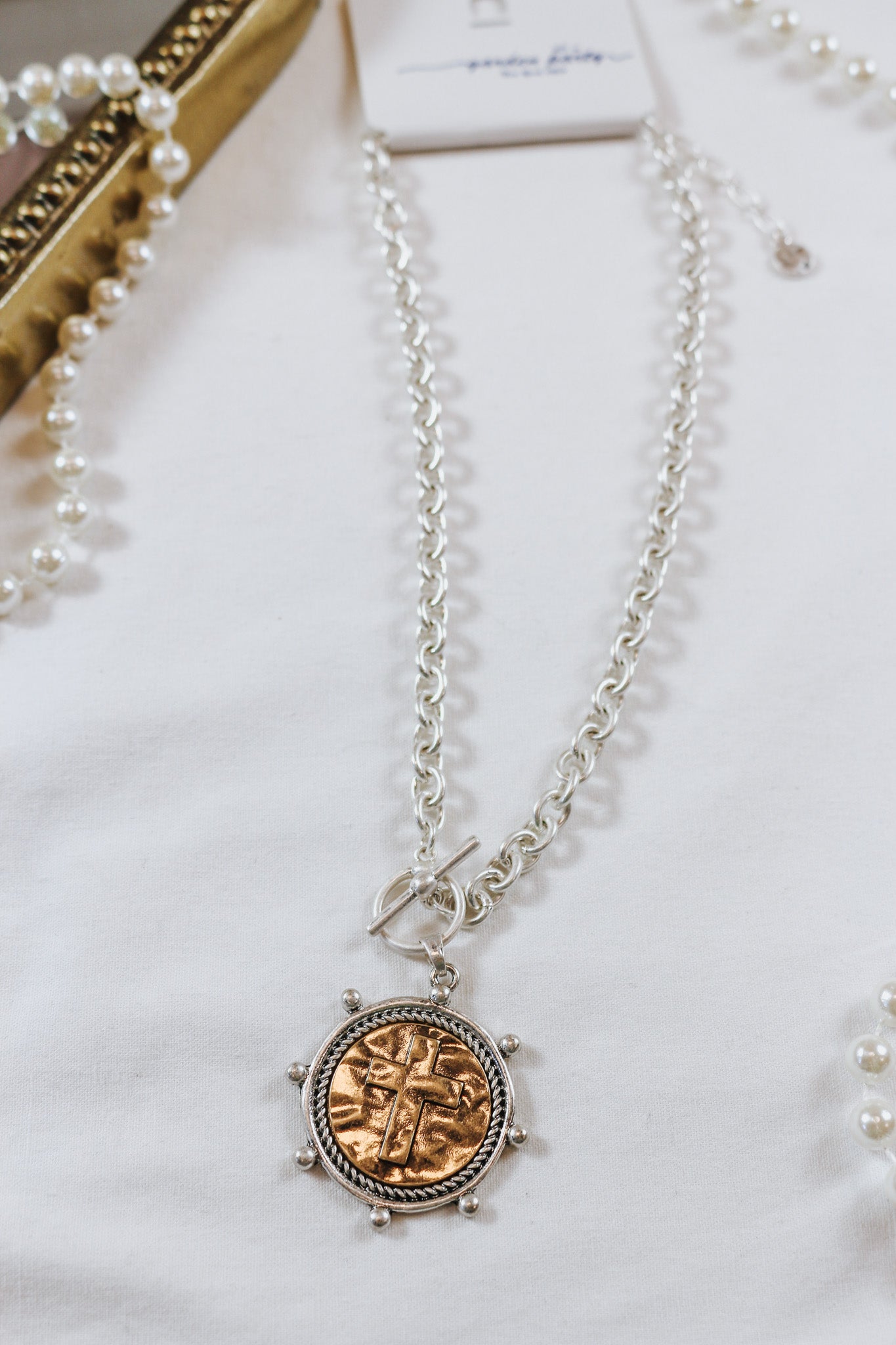 Chain Stamped Cross Coin Charm 16"-18" Necklace -2 Colors