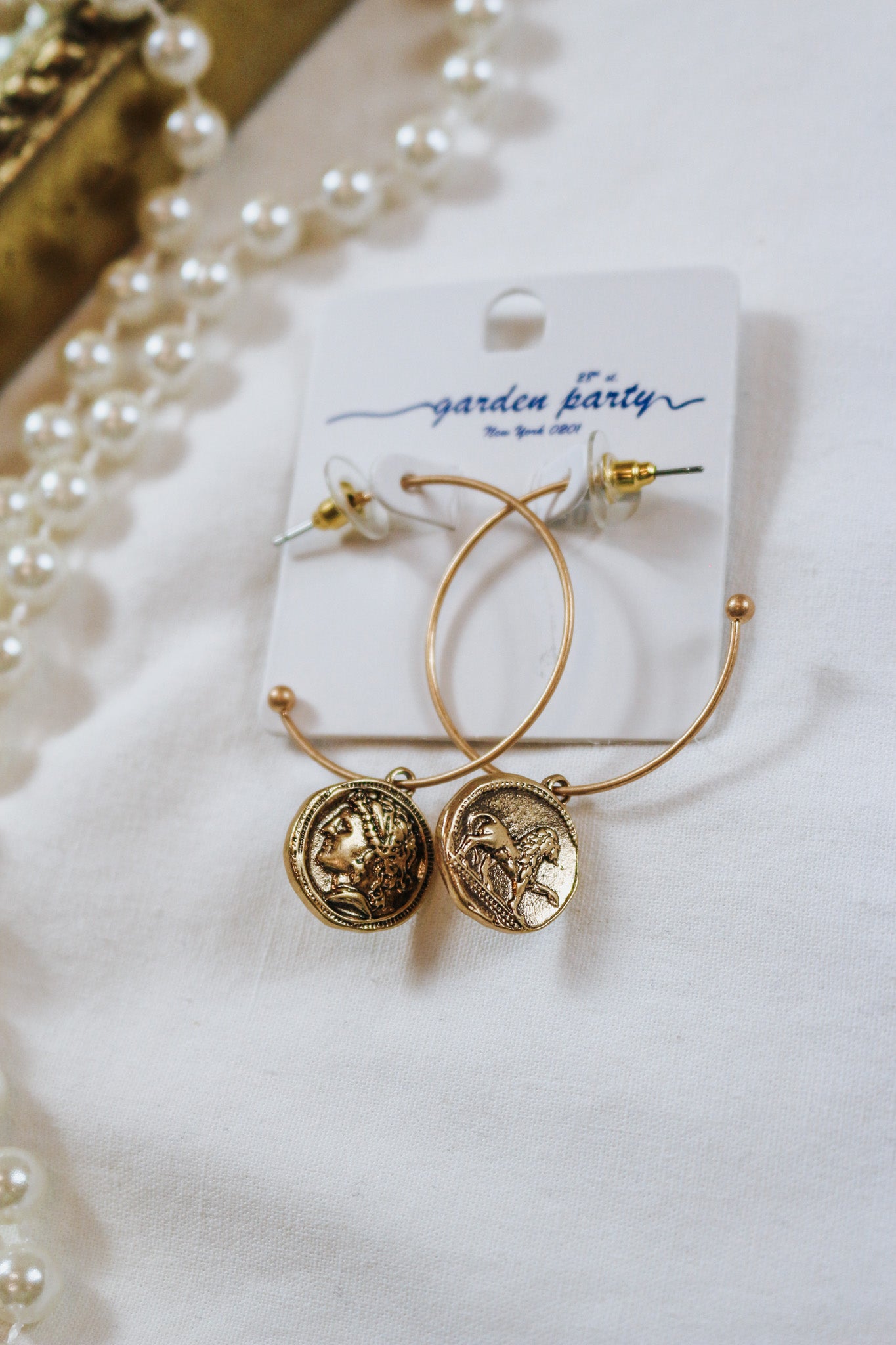 Gold 2" Hoop with Stamped Coin Charm Earring