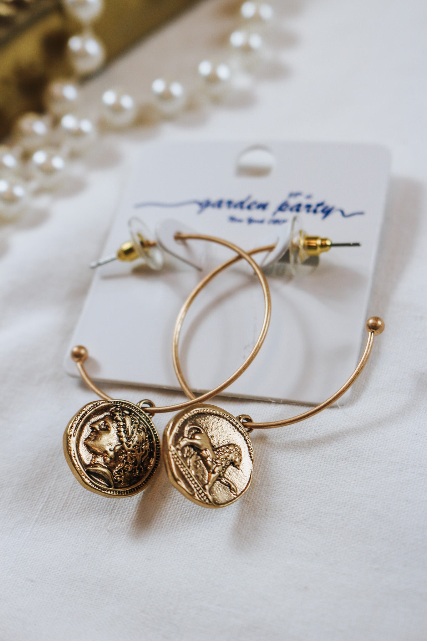 Gold 2" Hoop with Stamped Coin Charm Earring