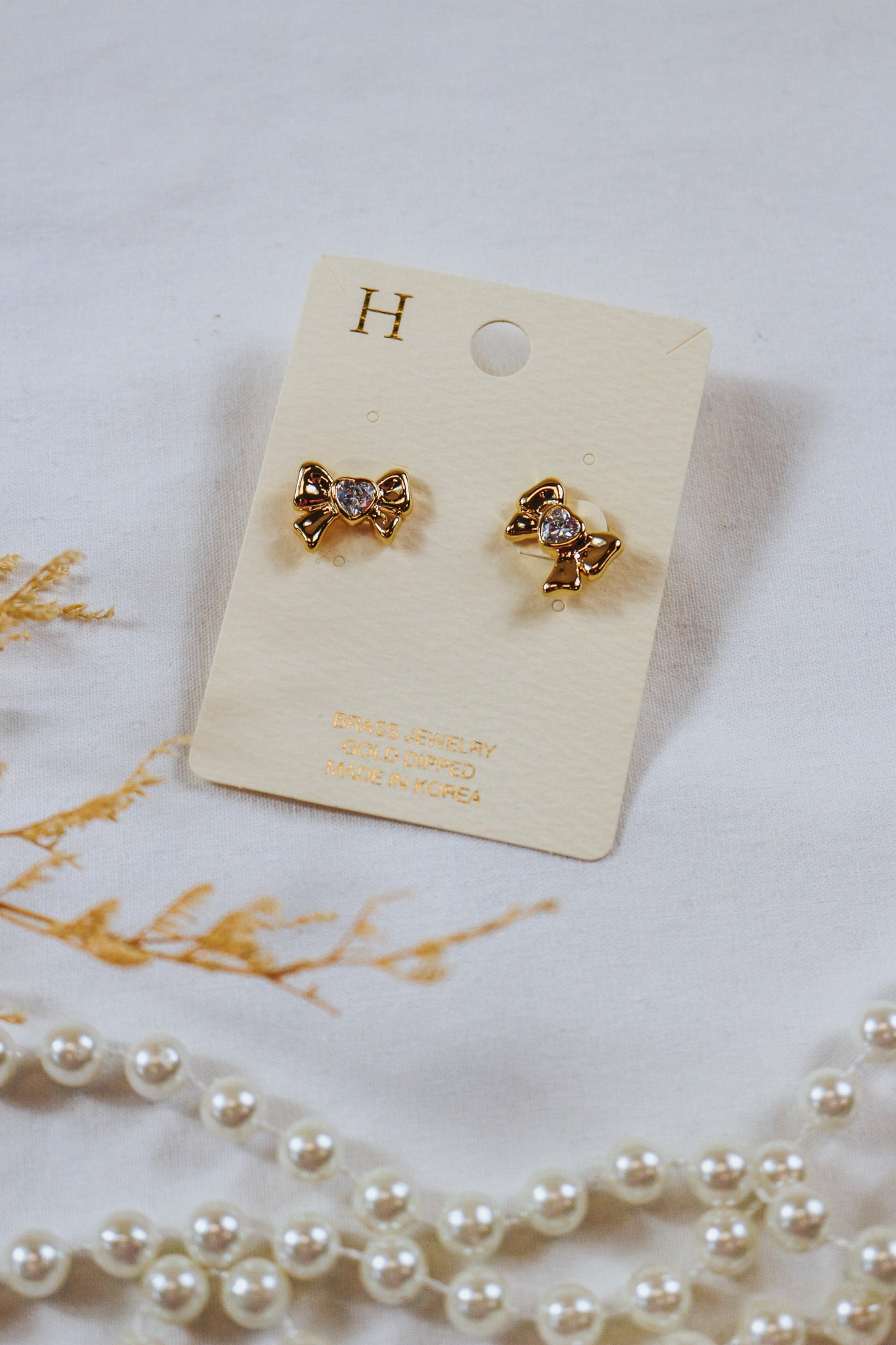 Gold Heart Bow Stud Earrings