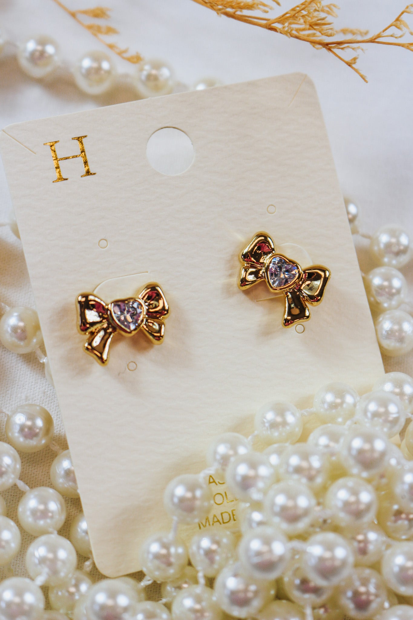 Gold Heart Bow Stud Earrings