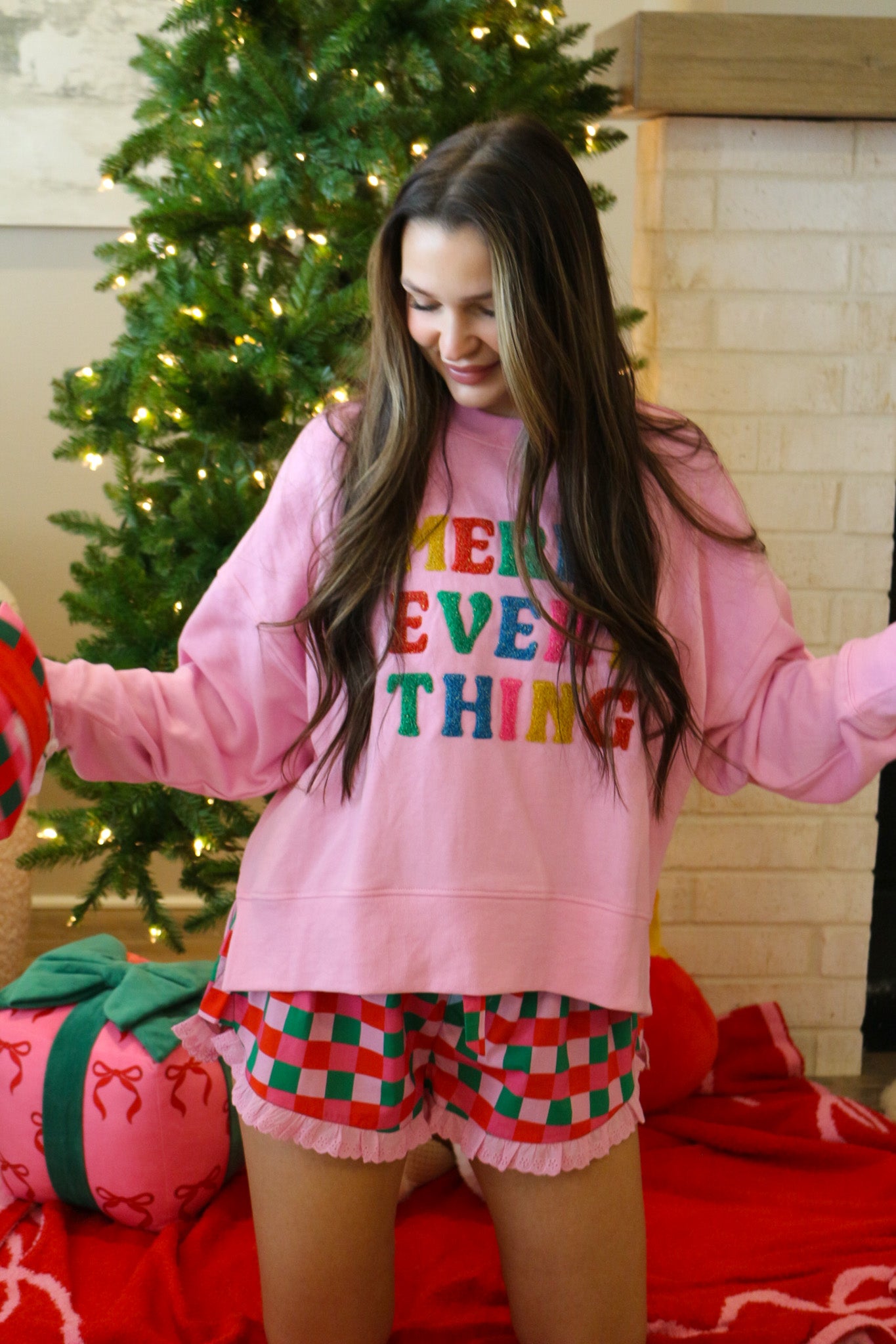 Pink Checkered Christmas PJ Shorts
