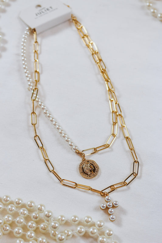 Gold Pearl Cross Medallion Necklace