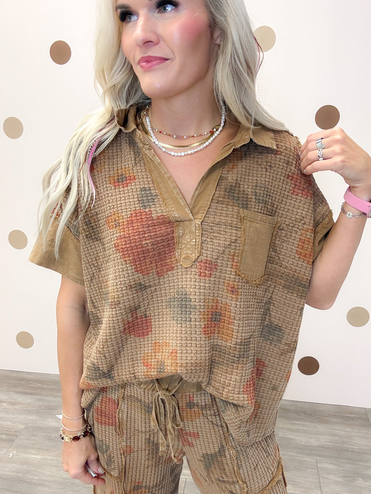 Boho Meadows Women's Mocha Floral Waffle Knit Top