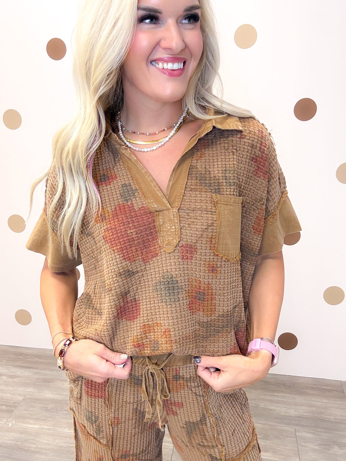 Boho Meadows Women's Mocha Floral Waffle Knit Top