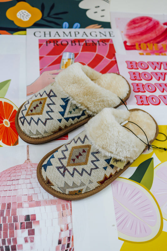 Women's Cream Blue Aztec Slippers