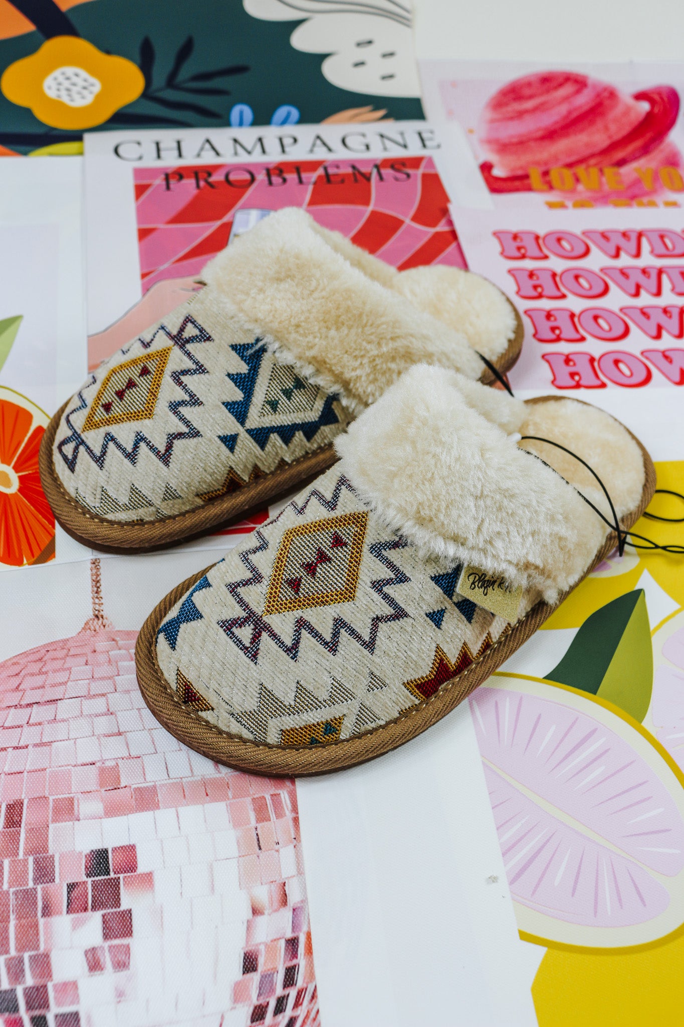 Women's Cream Blue Aztec Slippers