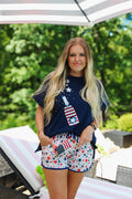 Sparkle graphic Fourth of July top, shown in one of three available colors