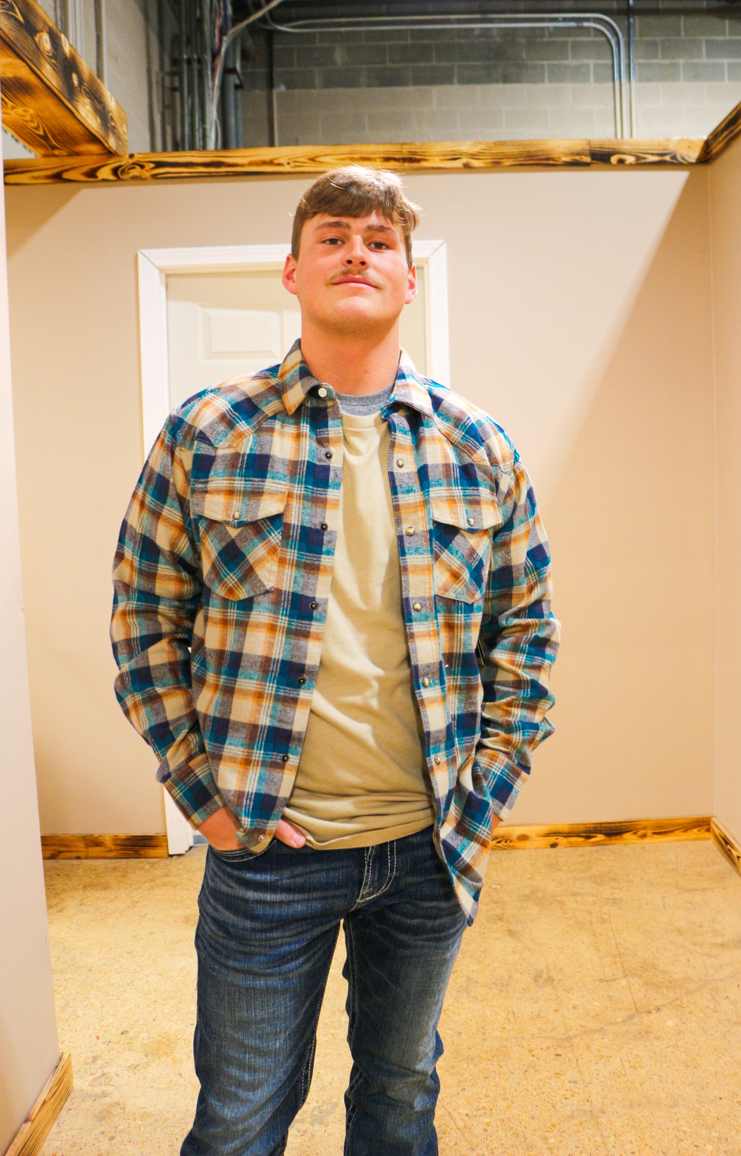 Pure Cashmere Blue & Tan Henrik Retro Flannel Button Up