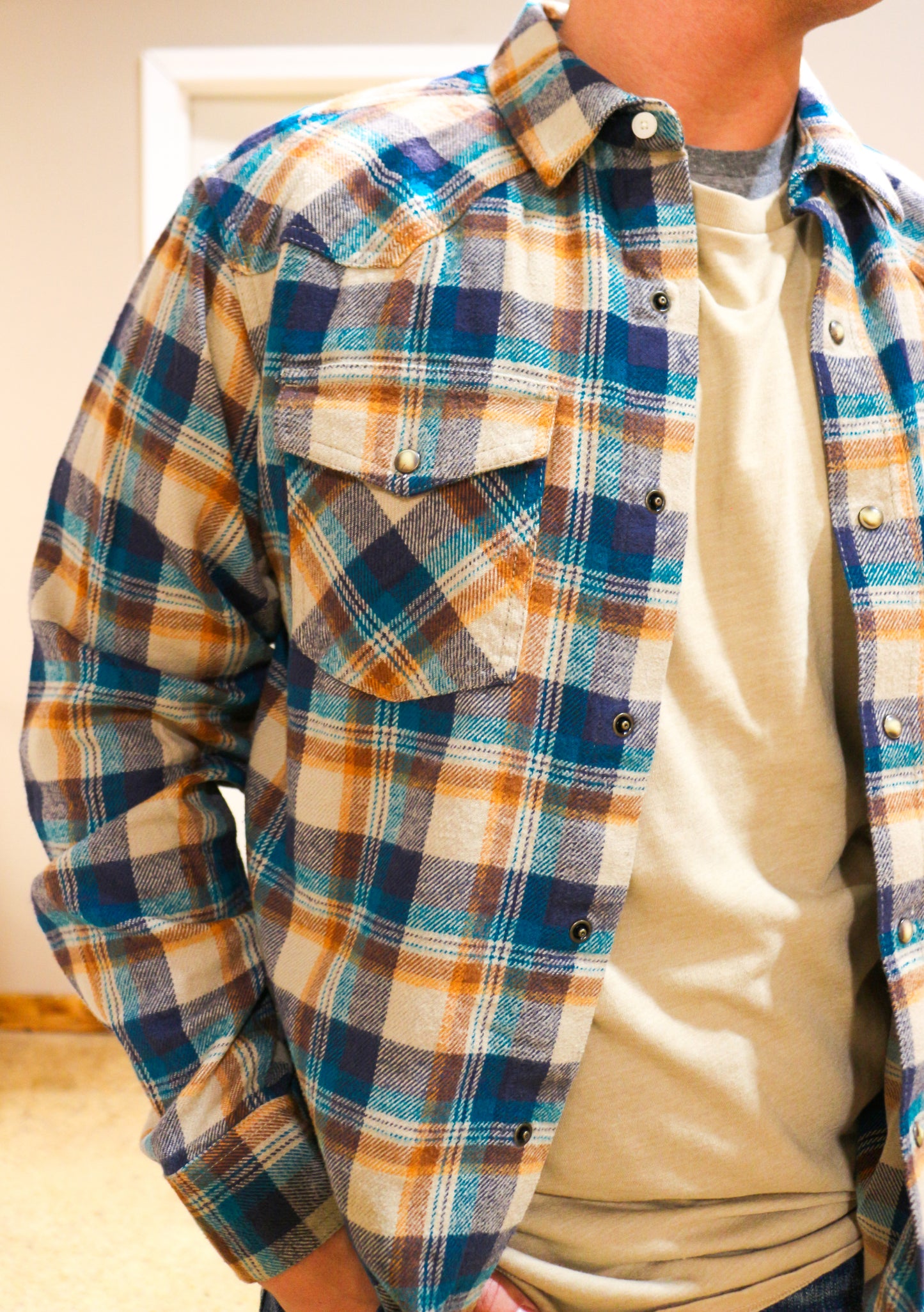 Pure Cashmere Blue & Tan Henrik Retro Flannel Button Up