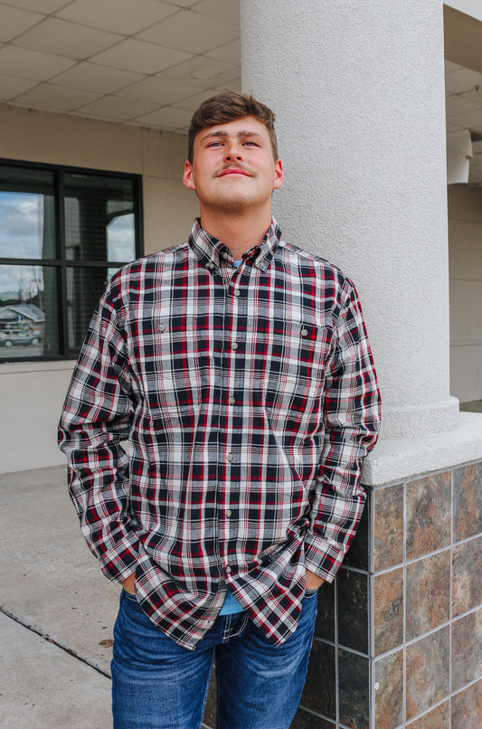 Red & Black Abyss Plaid Long Sleeve Button Up