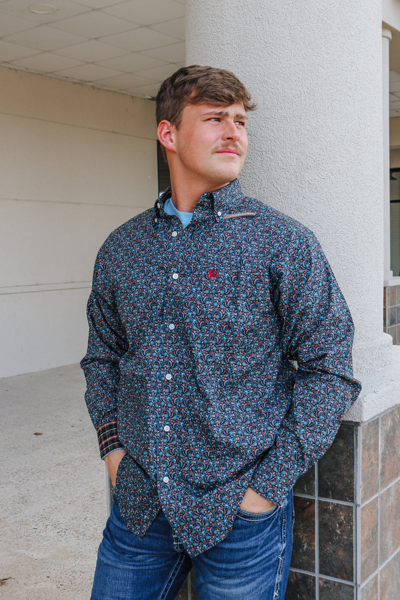 Black & Teal Wrinkle Free Griffin Long Sleeve Button Up