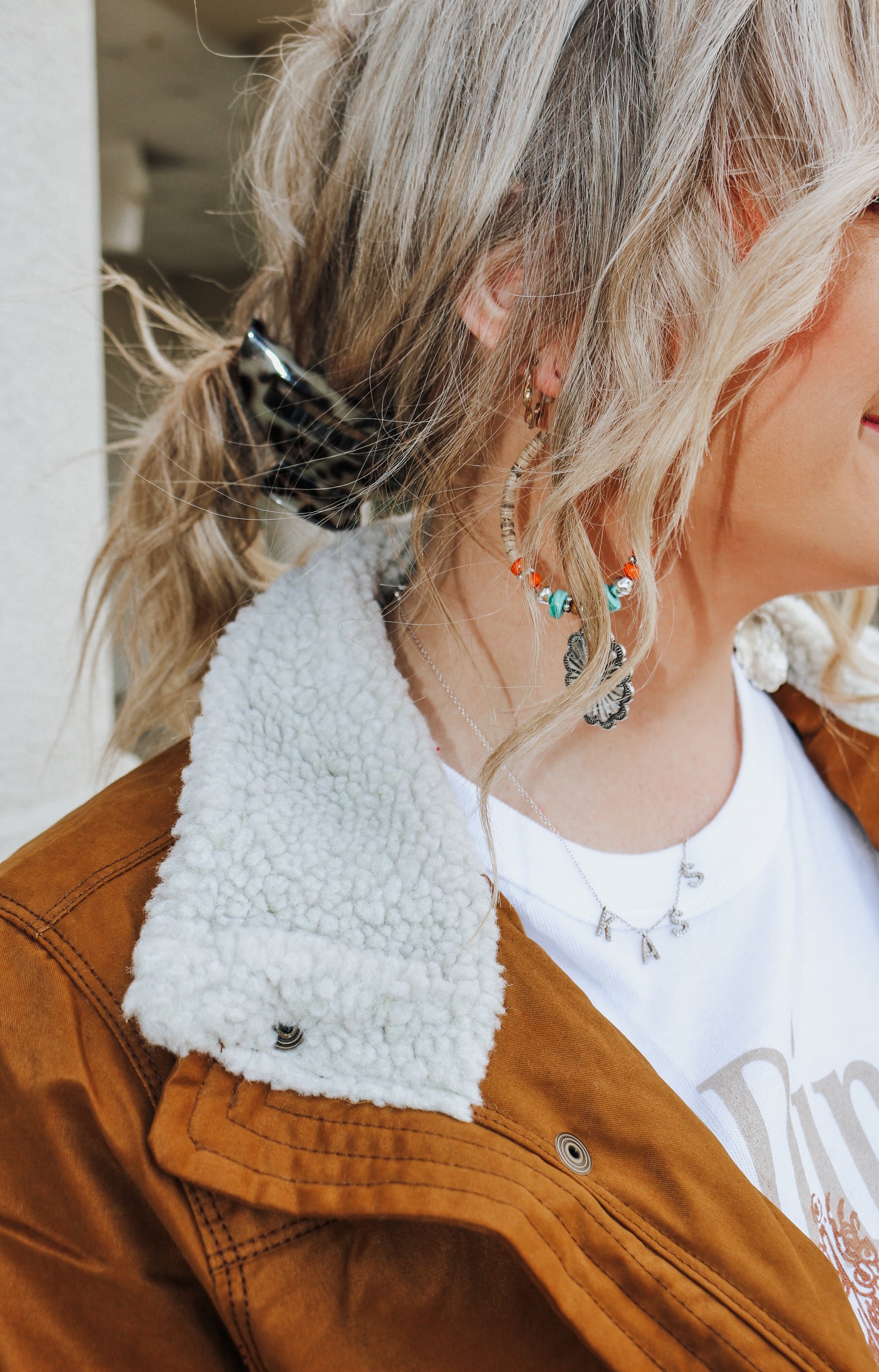 Flower Silver Wood Beaded Hoop Earrings