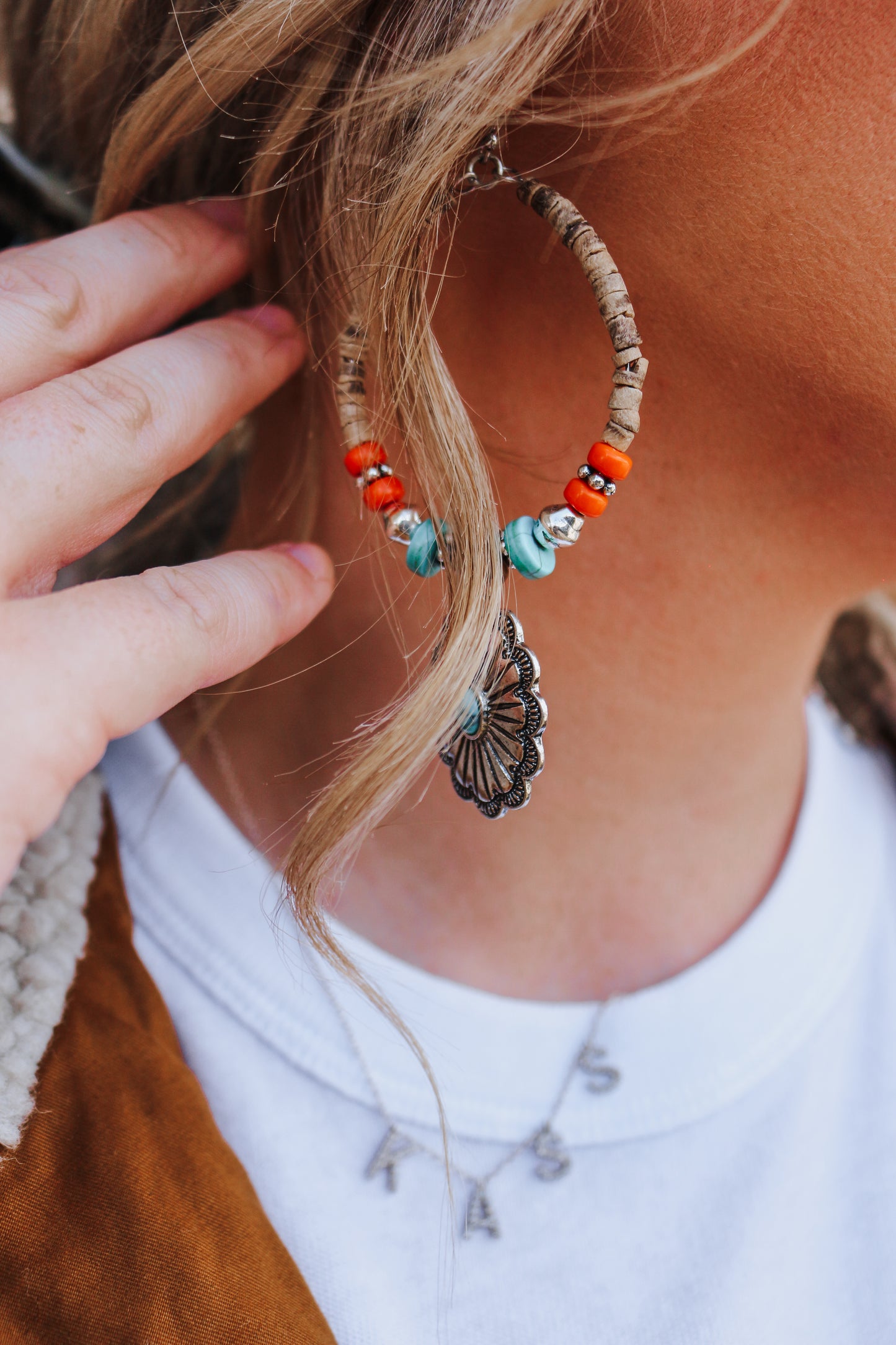 Flower Silver Wood Beaded Hoop Earrings