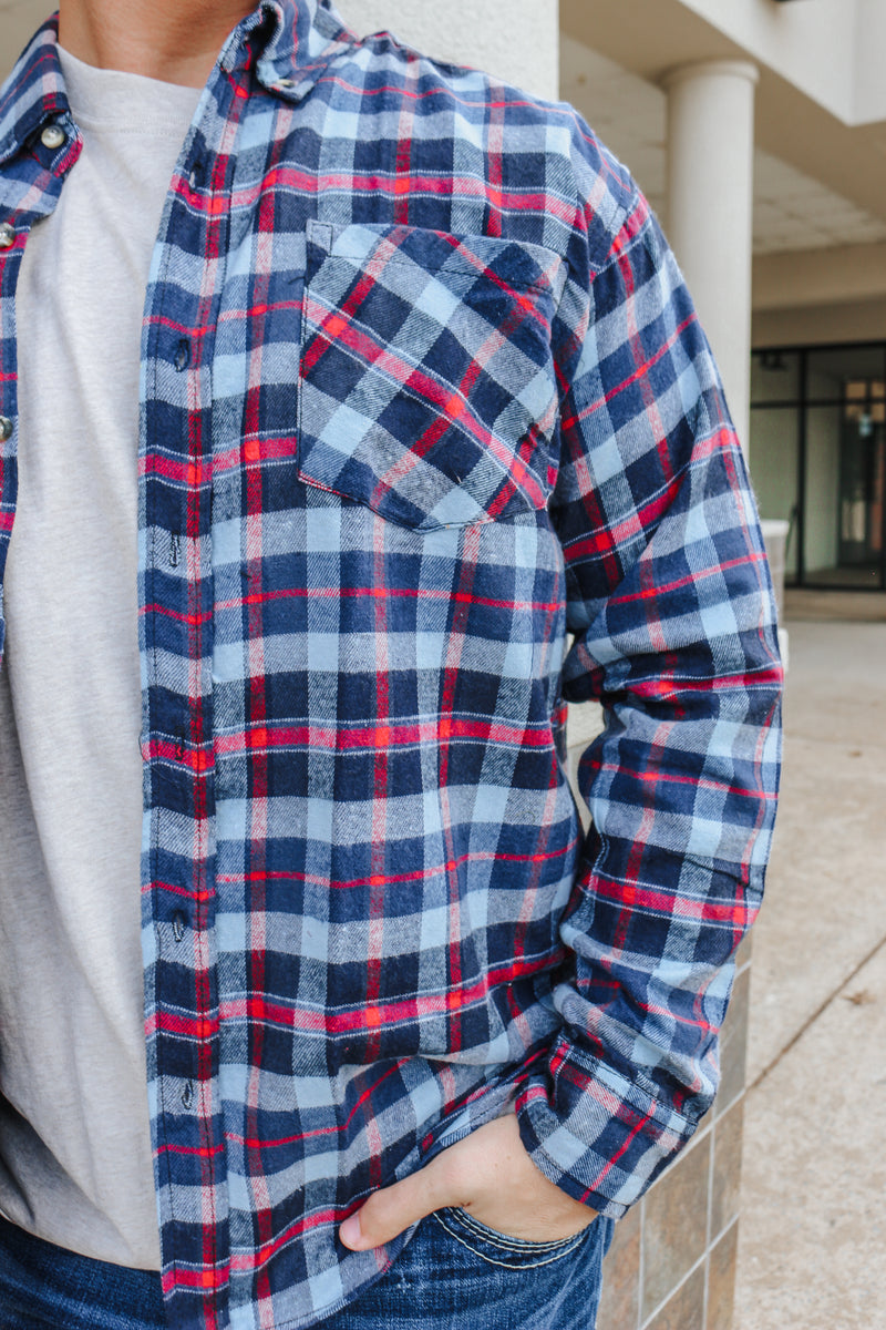 Blue & Red Plaid Flannel Long Sleeve Button Up