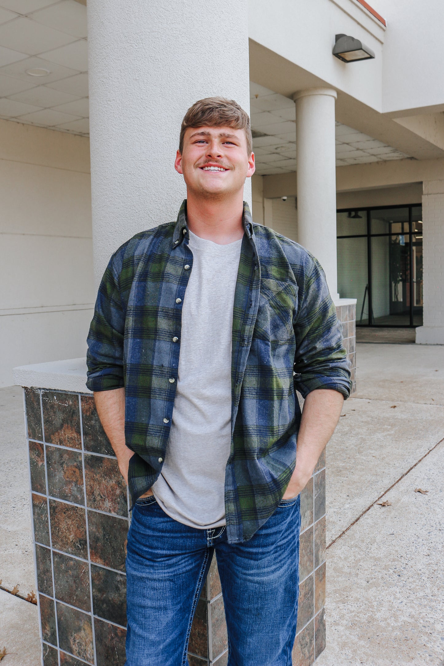 Green & Navy Plaid Flannel Long Sleeve Button Up