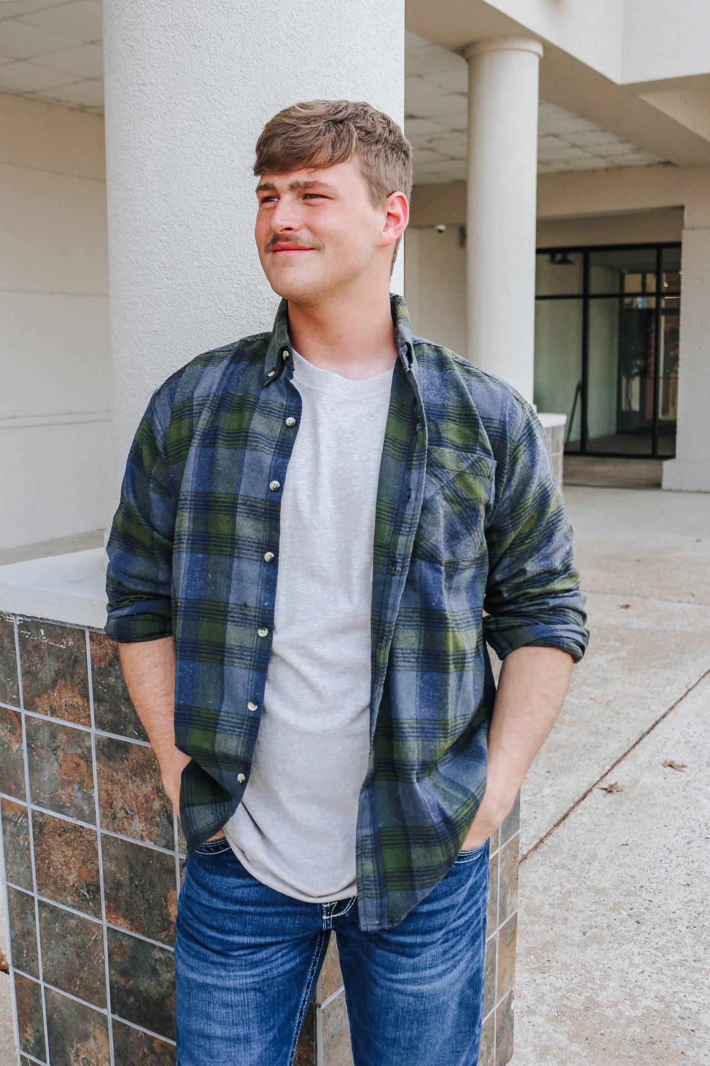 Green & Navy Plaid Flannel Long Sleeve Button Up