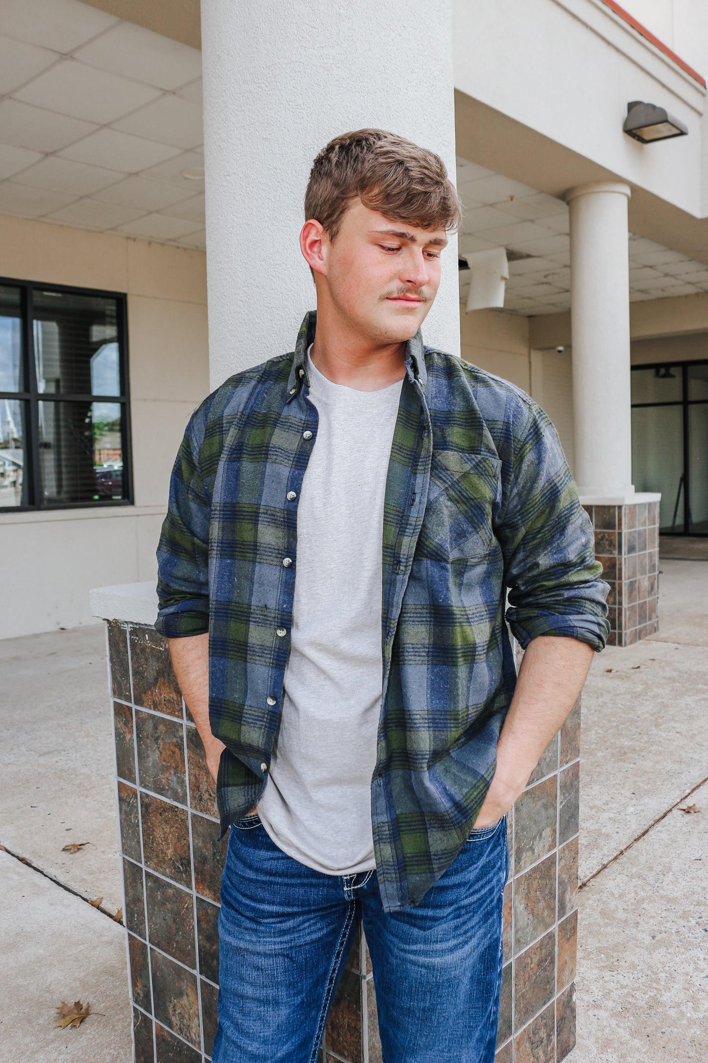 Green & Navy Plaid Flannel Long Sleeve Button Up