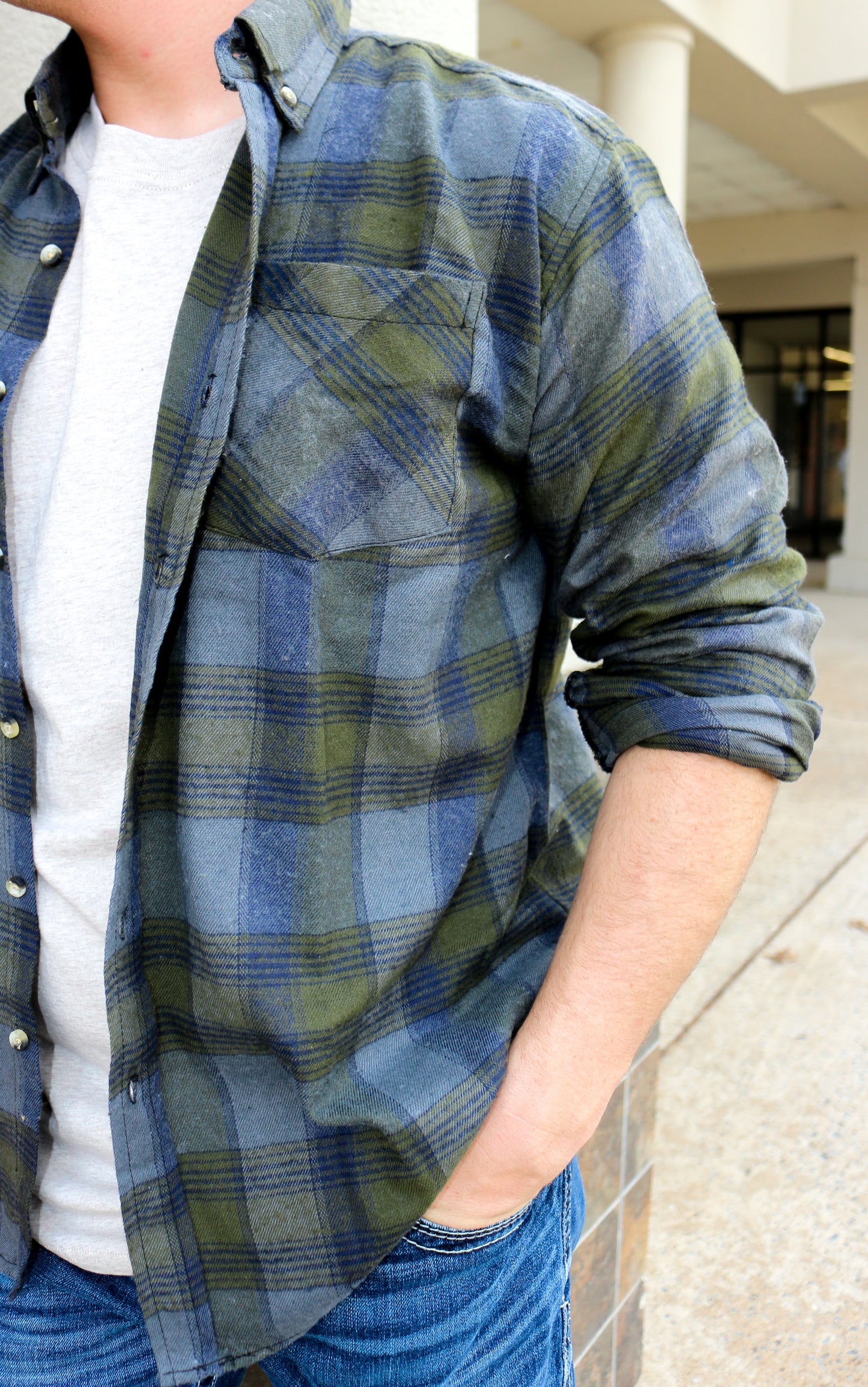 Green & Navy Plaid Flannel Long Sleeve Button Up