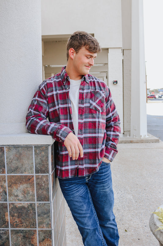 Burgundy & Grey Plaid Flannel Long Sleeve Shirt