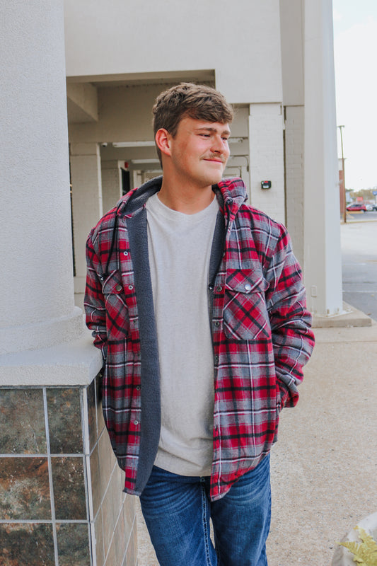 Red & Grey Plaid Full-Zip Shacket With Hood