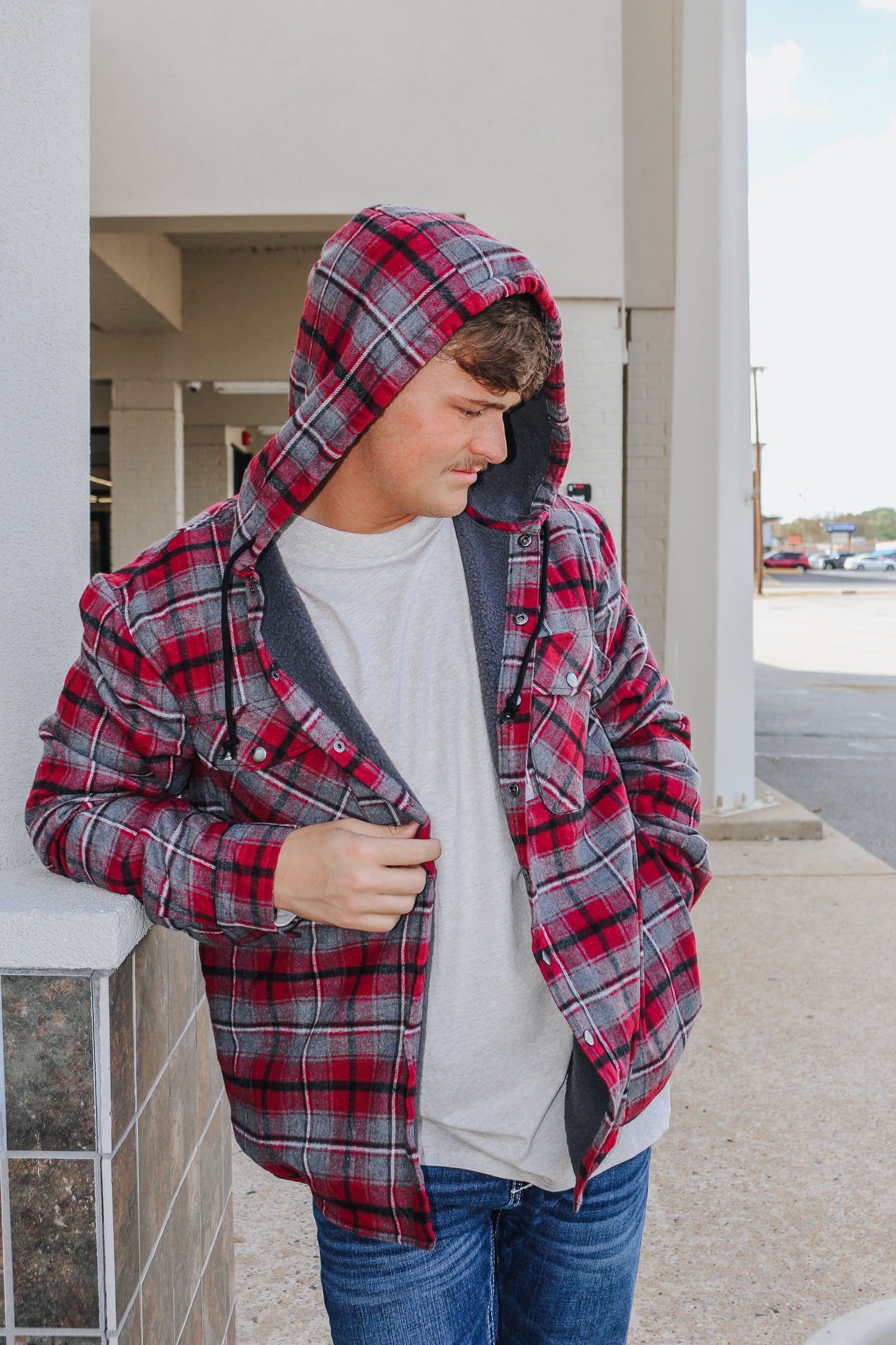 Red & Grey Plaid Full-Zip Shacket With Hood