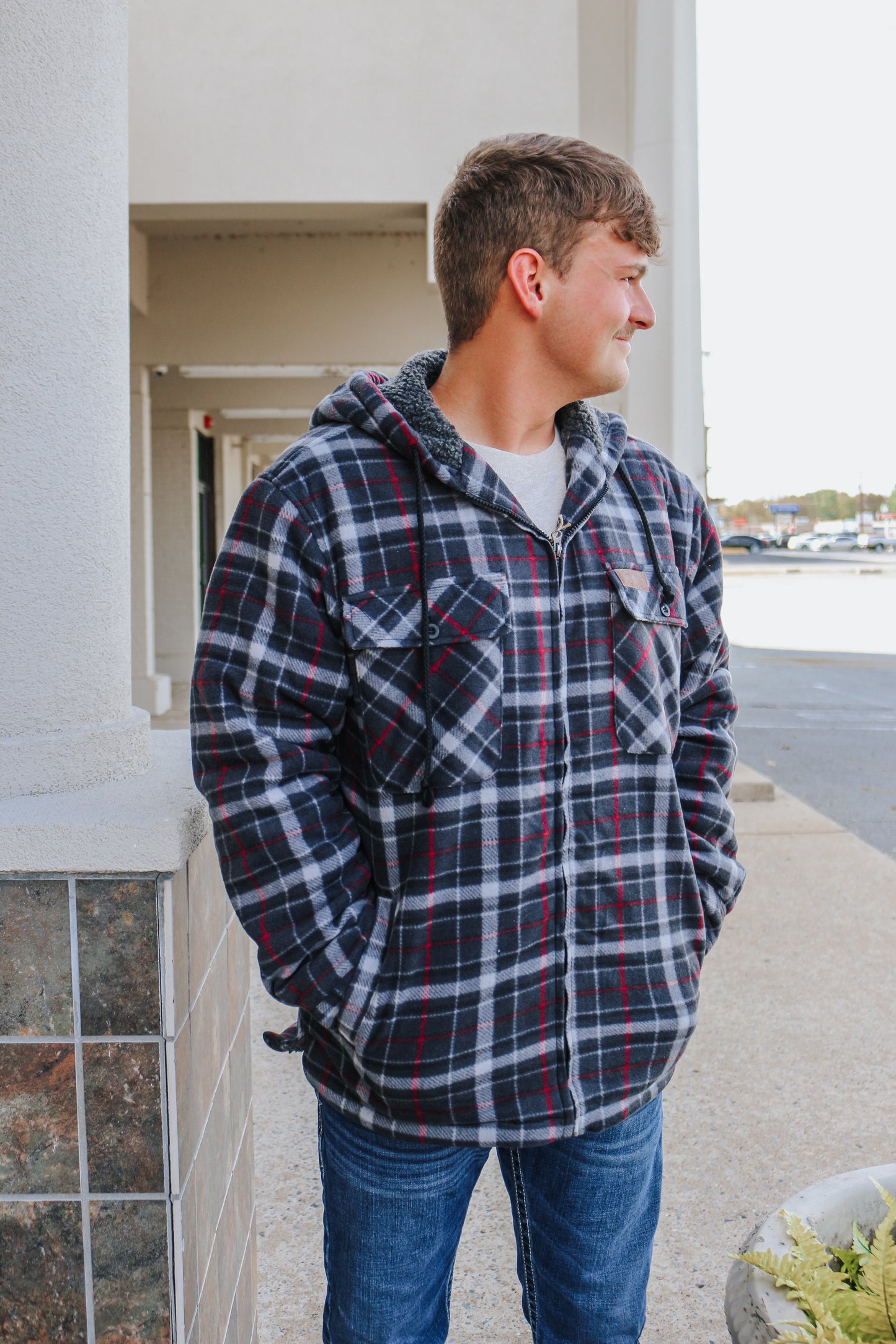 Black & Red Plaid Full-Zip Shacket With Hood