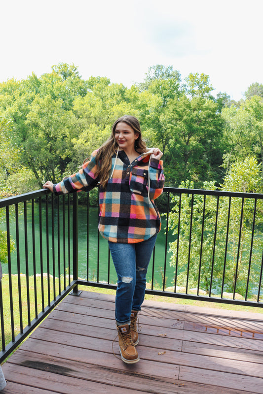 Bonfire Bliss Fleece Multi Color Plaid Hoodie