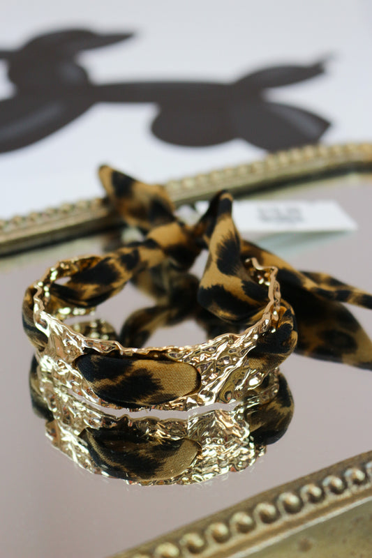 Cheetah Print Scarf Tie Bracelet with Gold Accents