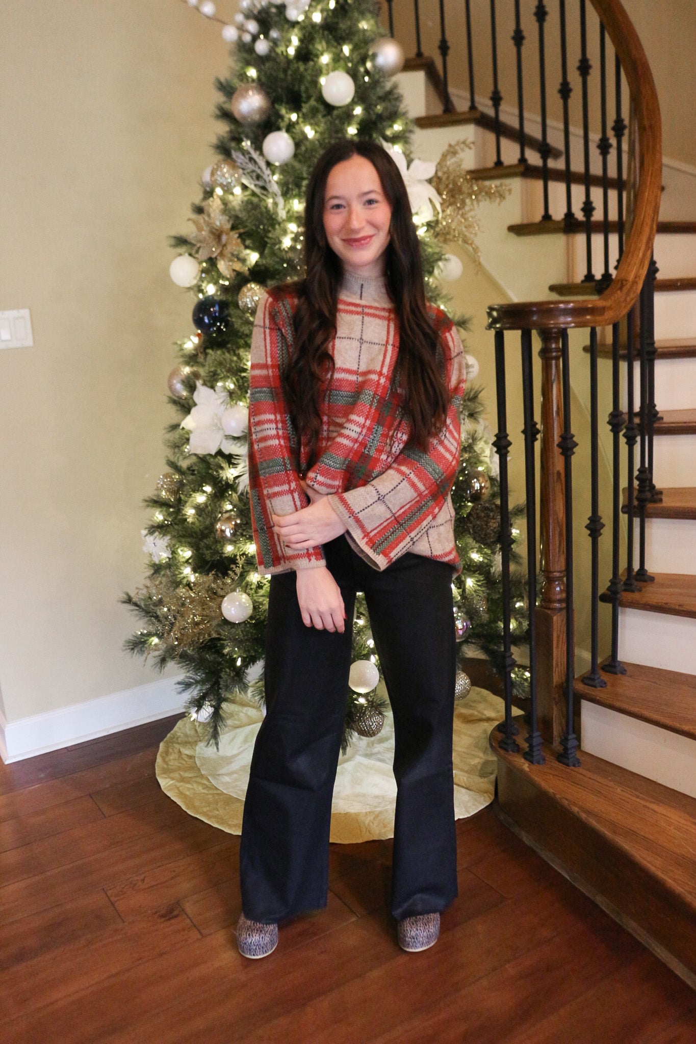 Cozy Carols Taupe Red Plaid Sweater