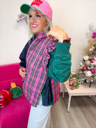 Jefferies reversible vest in pink plaid, side view showing the ruffled shoulder