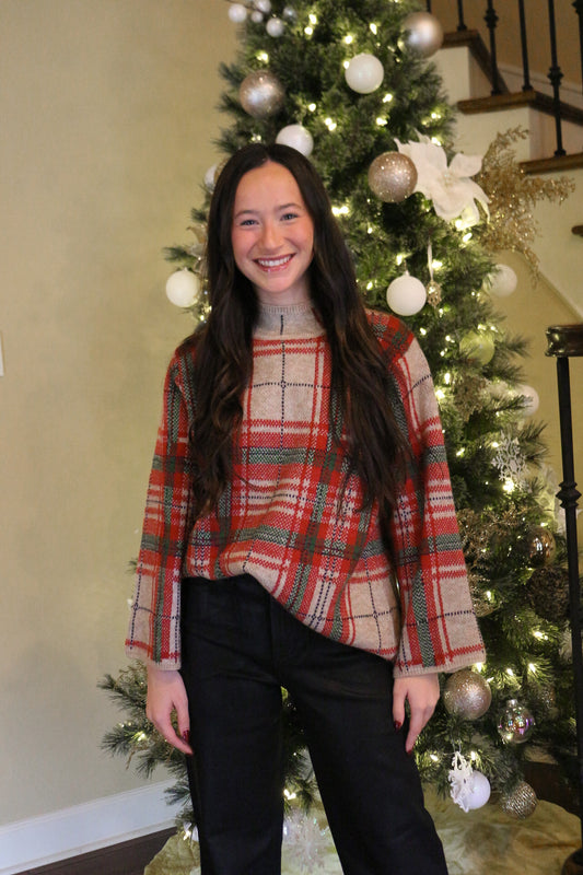 Cozy Carols Taupe Red Plaid Sweater