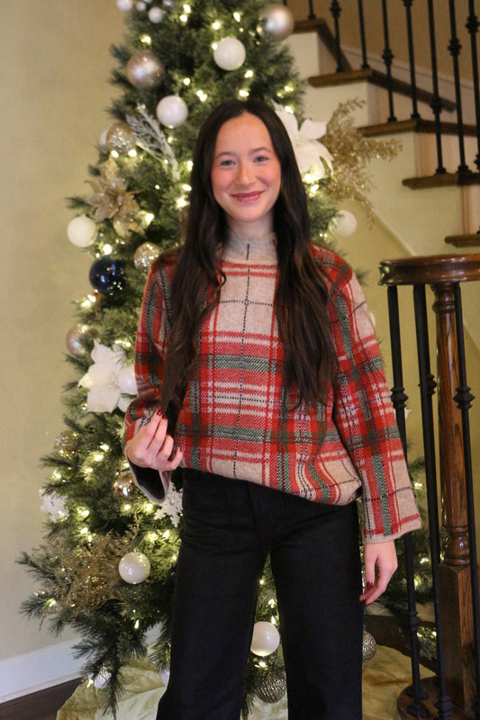 Cozy Carols Taupe Red Plaid Sweater