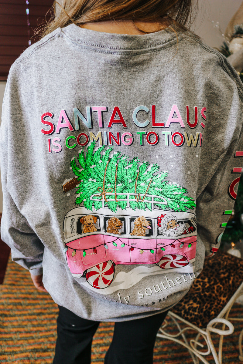 Santa's Coming To Town Heather Grey Youth Girls Long Sleeve Tee