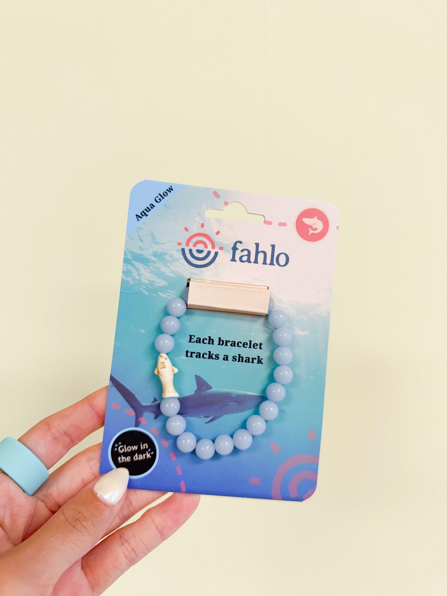Fahlo Voyage shark tracking bracelet, shown in one of three available colors