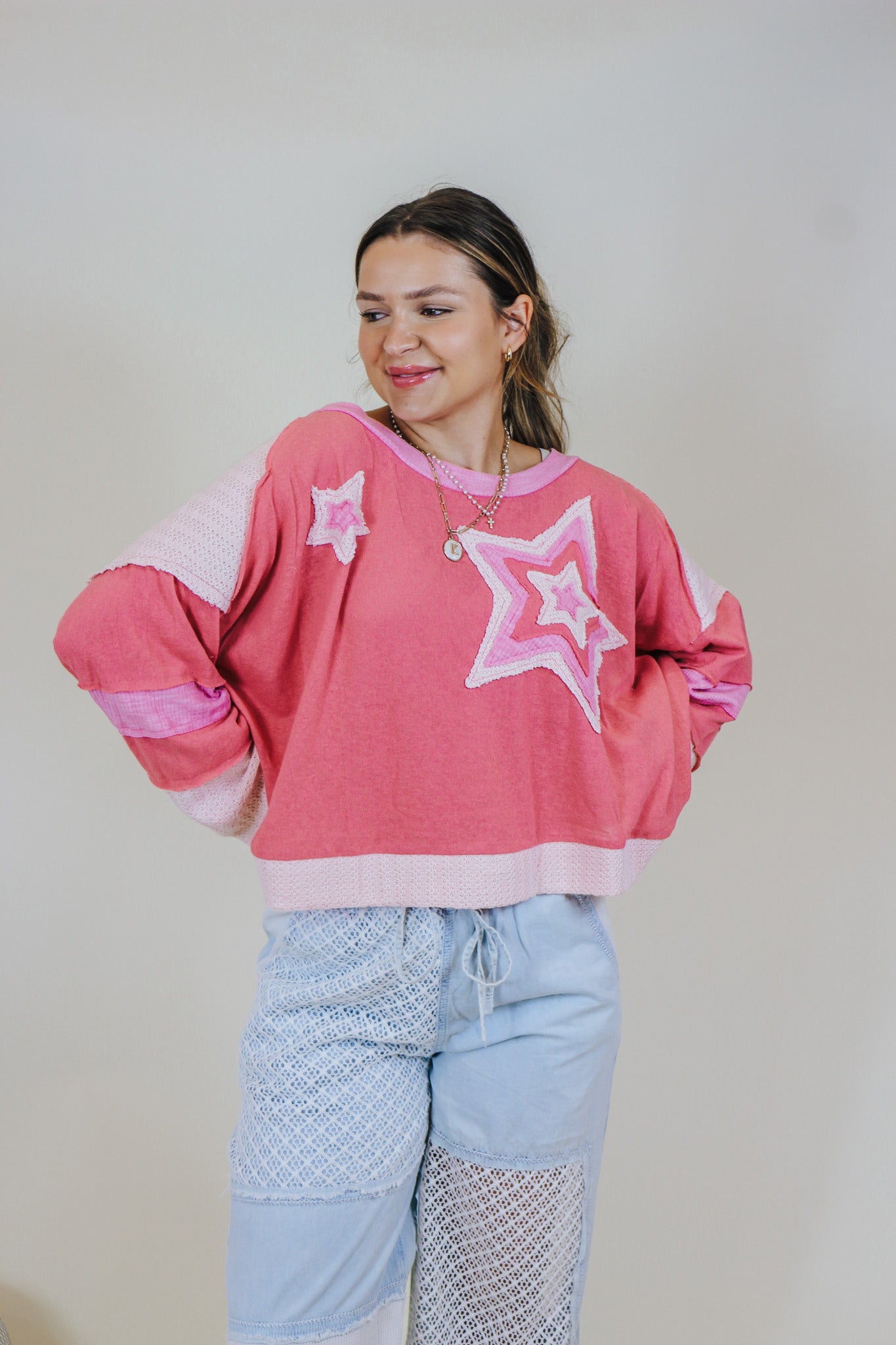 Cue The Cozy Blush Pink Star Top