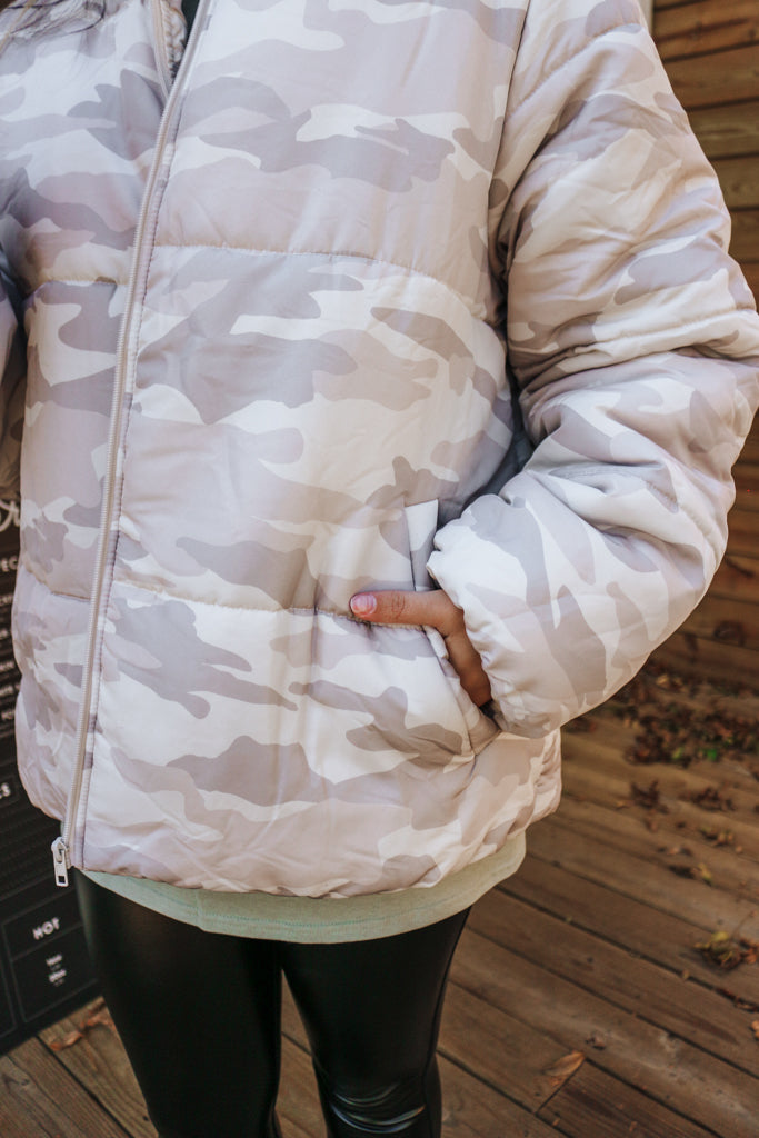Here To Wow Taupe Camo Puffer Coat
