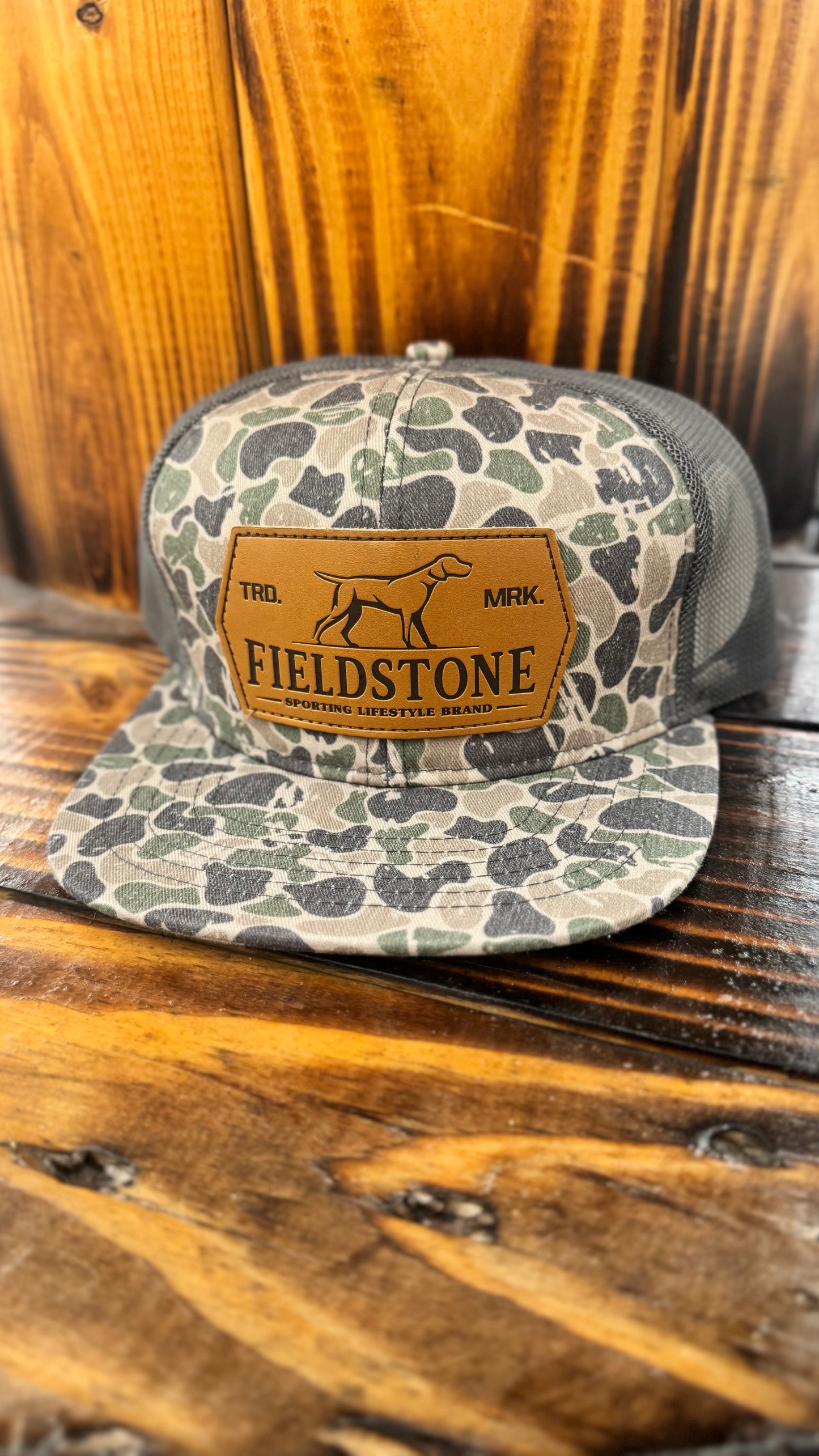 Mens Backwoods Camo Leather Patch Hat