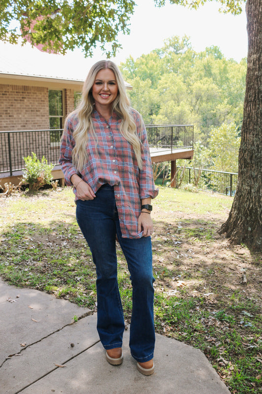 Girls Retreat Mauve Plaid Flannel Top